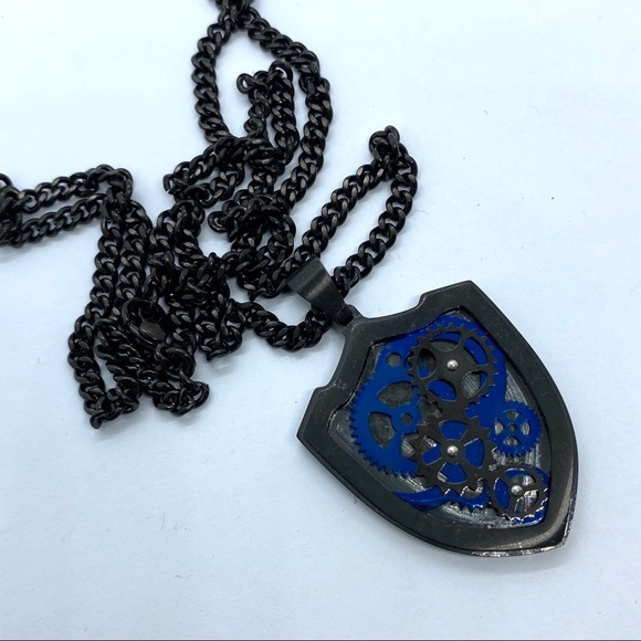 Stainless Steel Shield Gears Black & Blue Men's Necklace - Picture 6 of 8